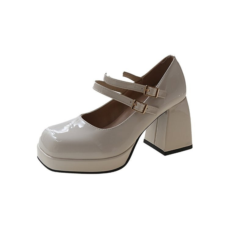 Square Toe Platform Mary Jane Heels - Cream