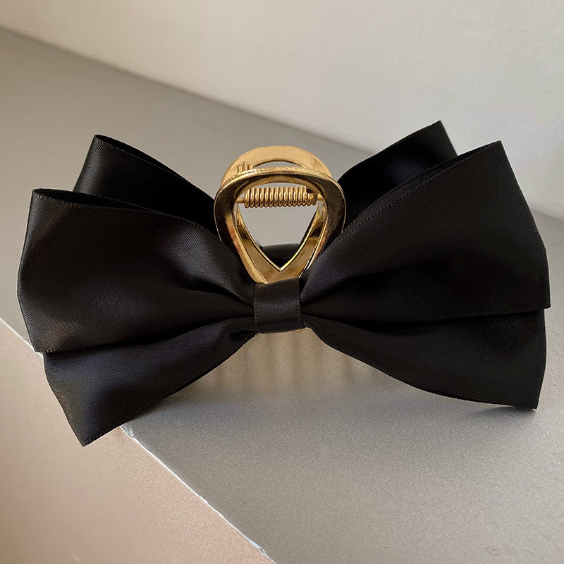 Layered Satin Bow Gold Claw Clip - Black