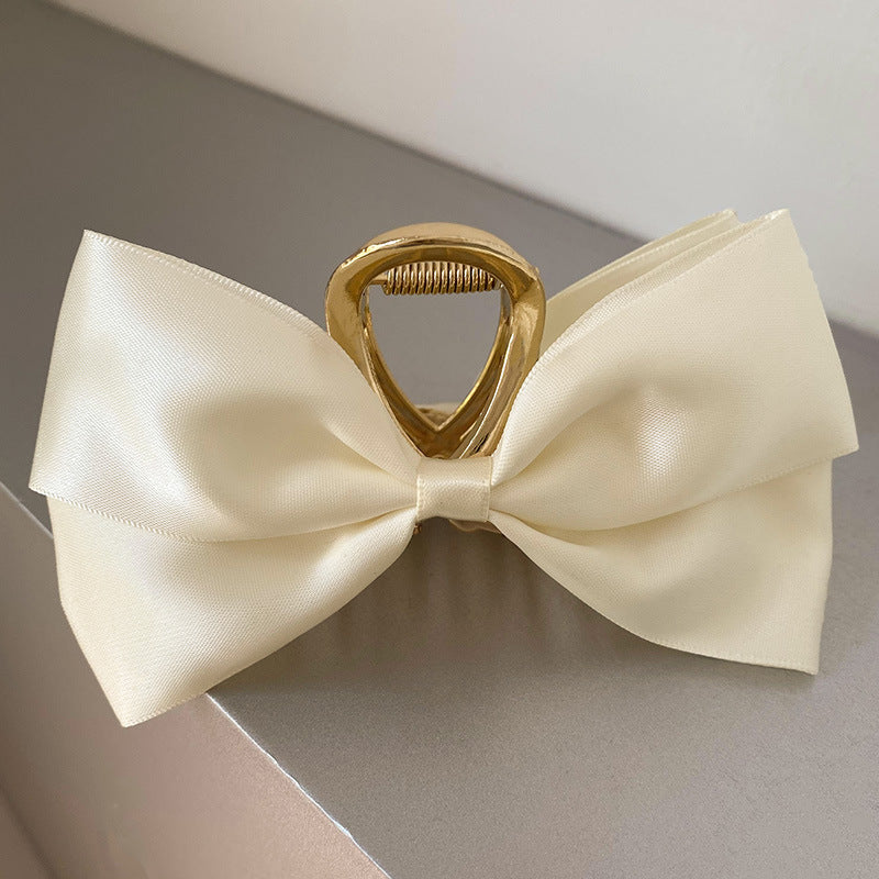 Layered Satin Bow Gold Claw Clip - beige