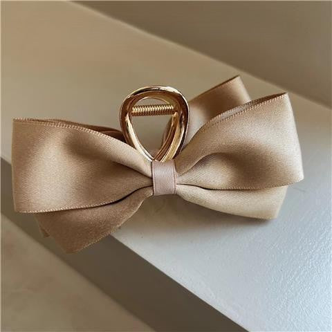 Layered Satin Bow Gold Claw Clip - khaki