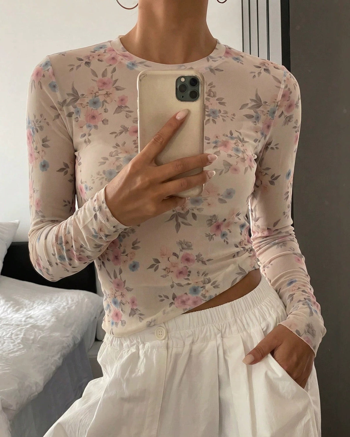 Sheer Floral Mesh Mock-Neck Long-Sleeve Layering Top - Floral