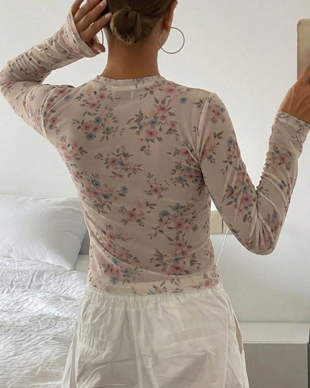 Sheer Floral Mesh Mock-Neck Long-Sleeve Layering Top - Floral - 3