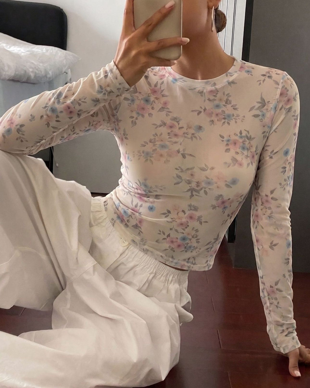 Sheer Floral Mesh Mock-Neck Long-Sleeve Layering Top - Floral - 4
