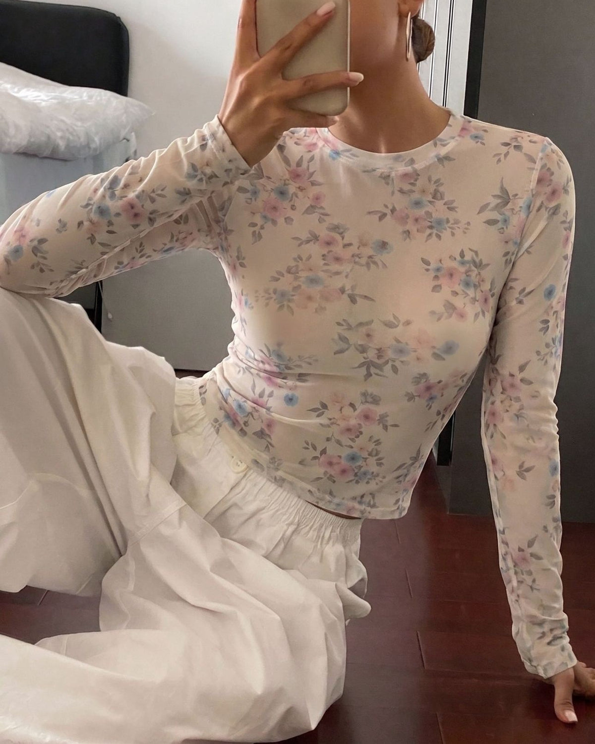 Sheer Floral Mesh Mock-Neck Long-Sleeve Layering Top - Floral - 4