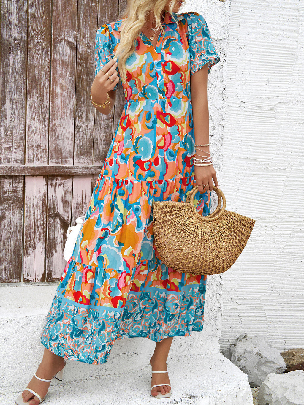 Bohemian Print Collared Tiered Maxi Dress - Green