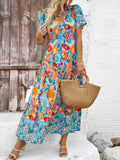 Bohemian Print Collared Tiered Maxi Dress - Green