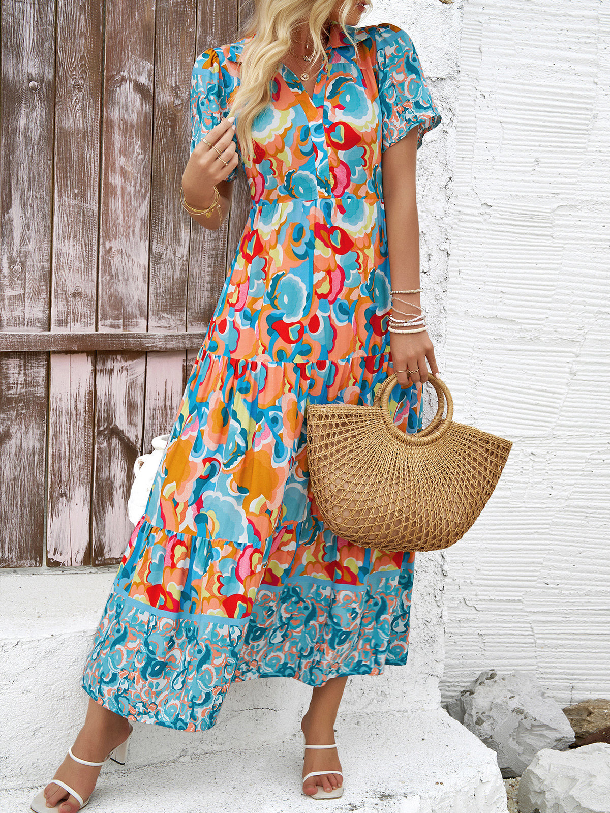 Bohemian Print Collared Tiered Maxi Dress - Green
