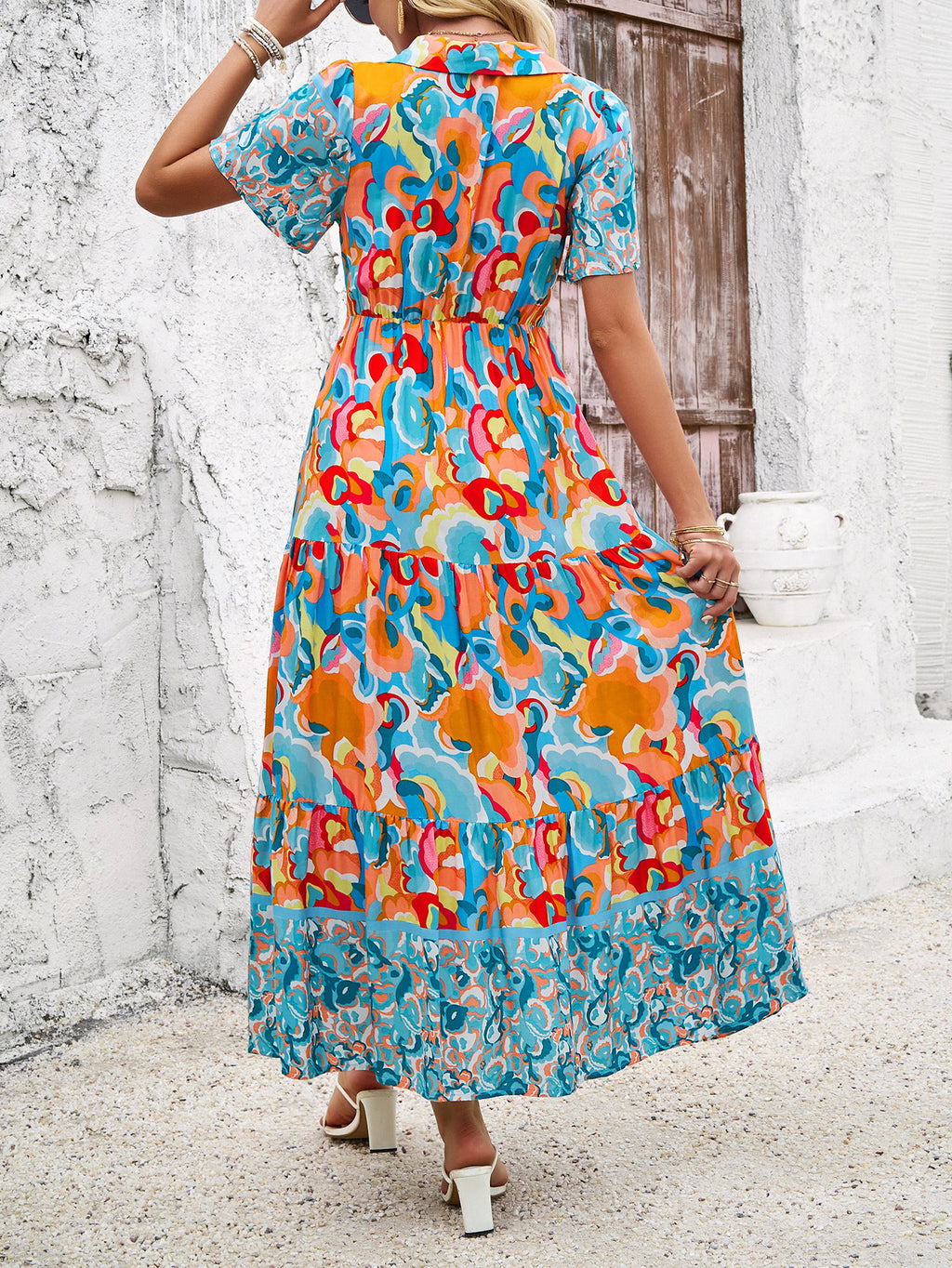 Bohemian Print Collared Tiered Maxi Dress - Green - 1