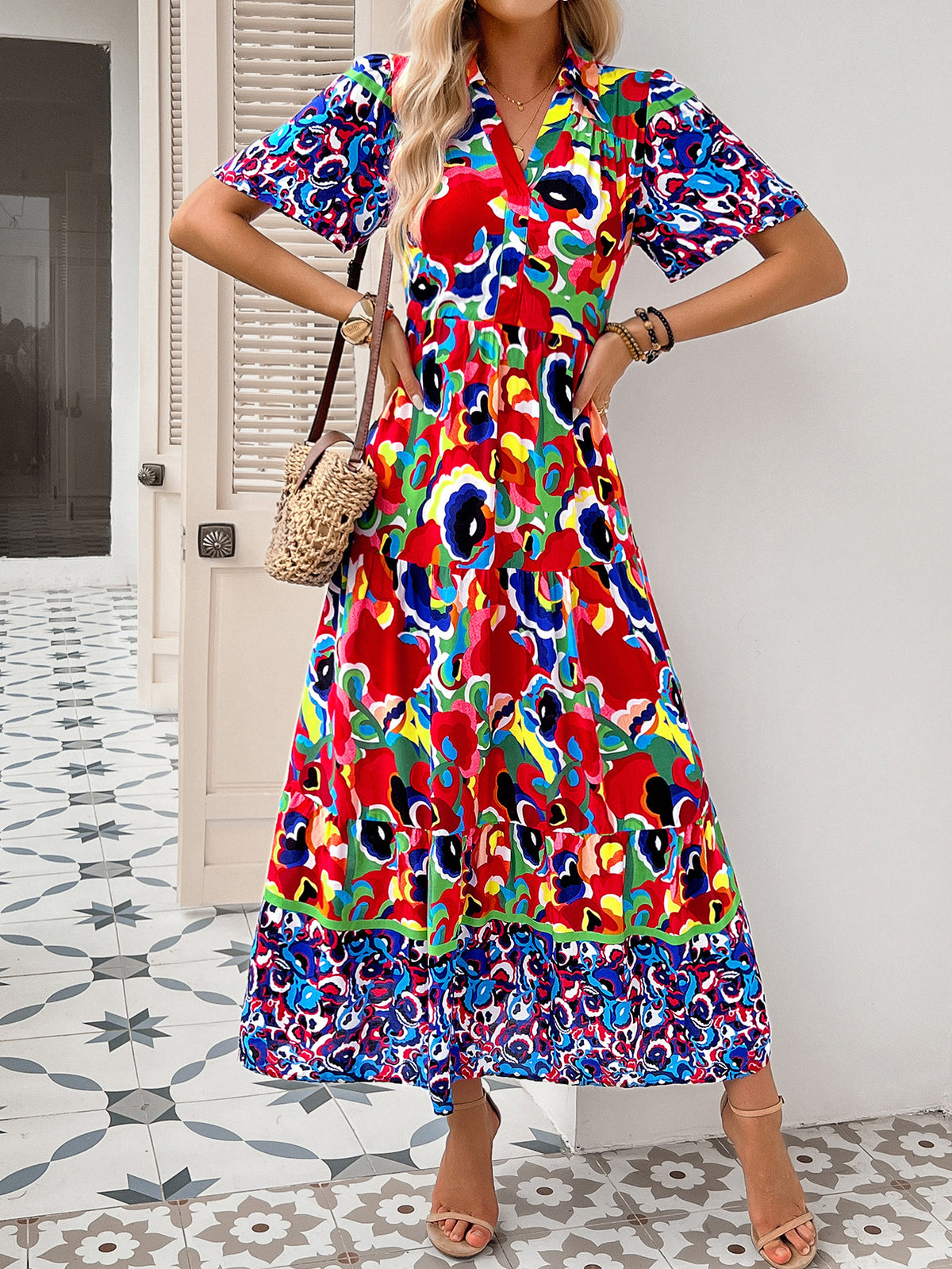 Bohemian Print Collared Tiered Maxi Dress - view 1