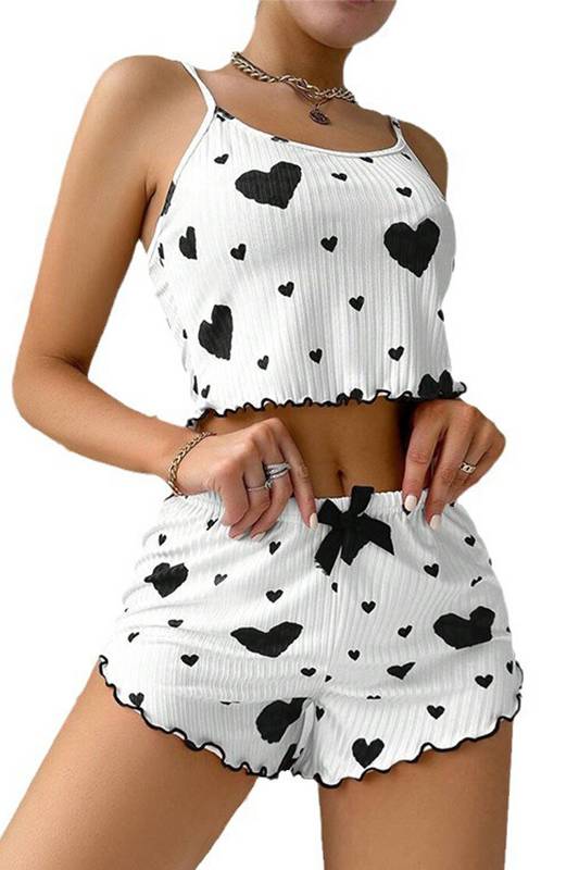 Lettuce Trim Heart Print Pajama Short Set - WhiteB