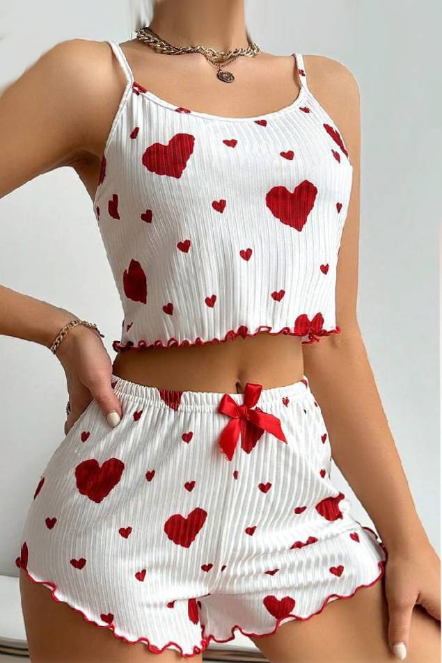 Lettuce Trim Heart Print Pajama Short Set - WhiteR