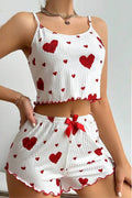 Lettuce Trim Heart Print Pajama Short Set - WhiteR