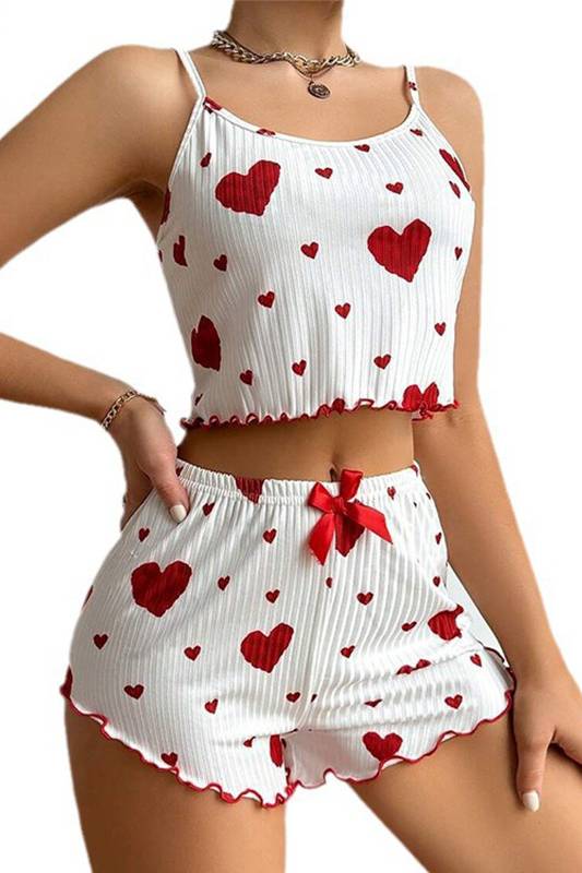 Lettuce Trim Heart Print Pajama Short Set - WhiteR - 1