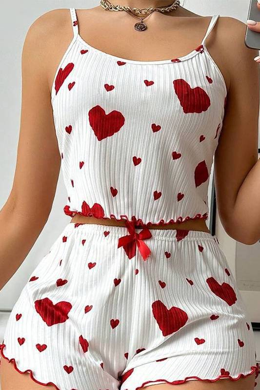 Lettuce Trim Heart Print Pajama Short Set - WhiteR - 2