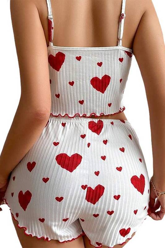 Lettuce Trim Heart Print Pajama Short Set - WhiteR - 3