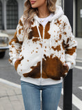 Cow Print Plush Hooded Zip Jacket - coffee