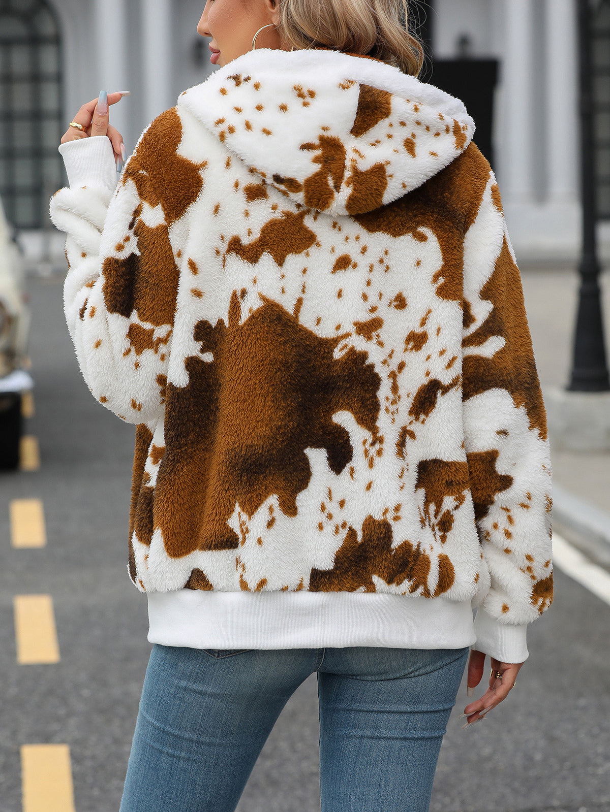 Cow Print Plush Hooded Zip Jacket - coffee - 1