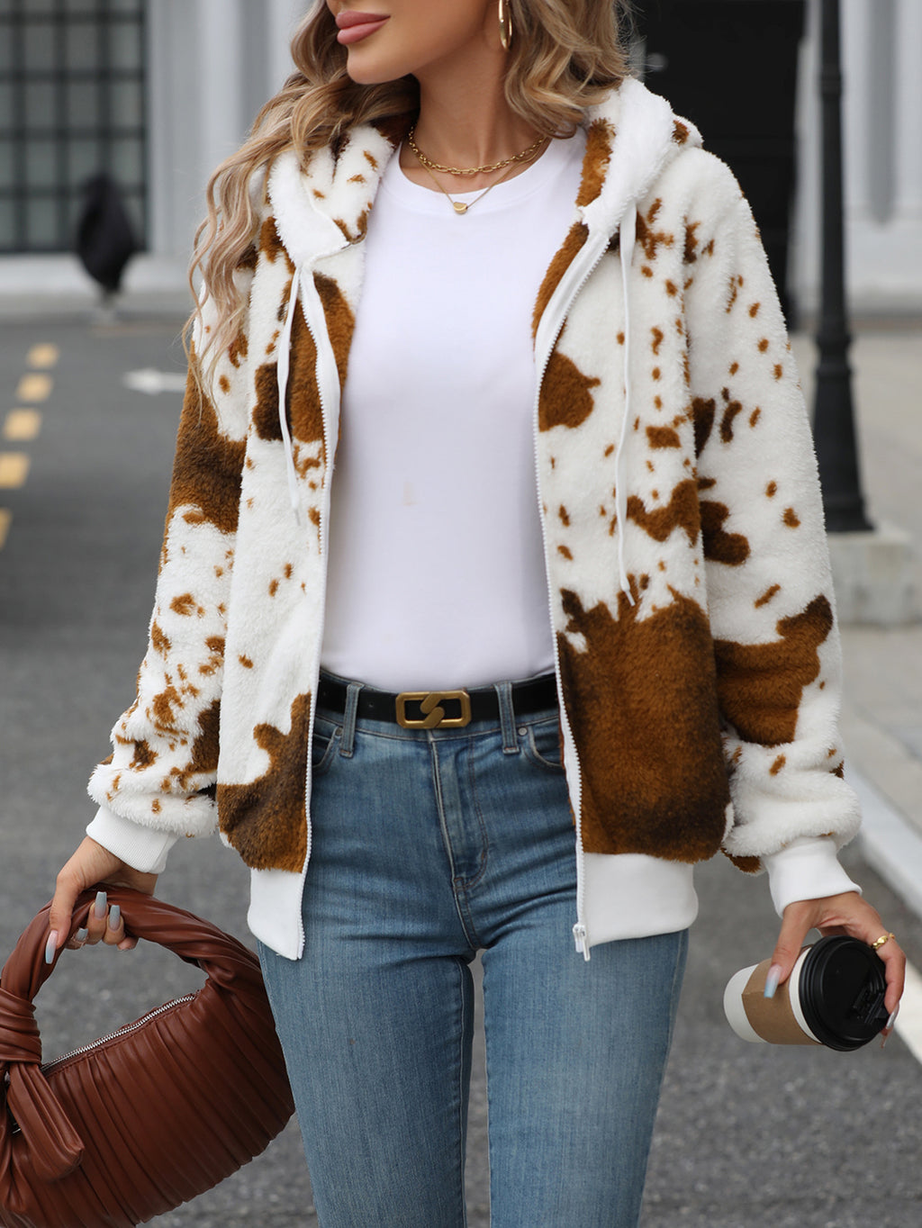 Cow Print Plush Hooded Zip Jacket - coffee - 3