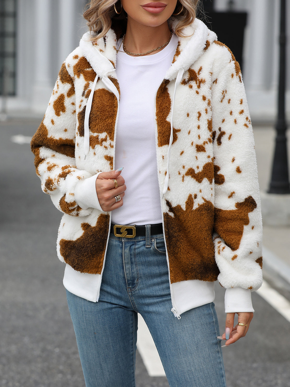 Cow Print Plush Hooded Zip Jacket - coffee - 4