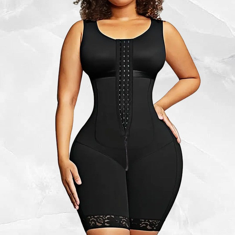 Wide Strap Hook Front Mid Thigh Shaping Bodysuit - Black