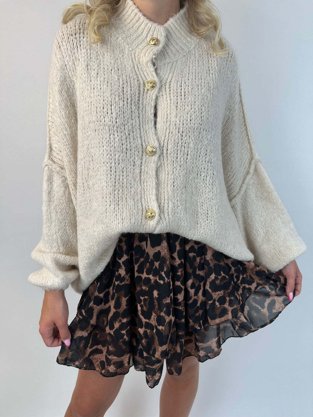 Oversized Chunky Knit Button Down Cardigan - Khaki