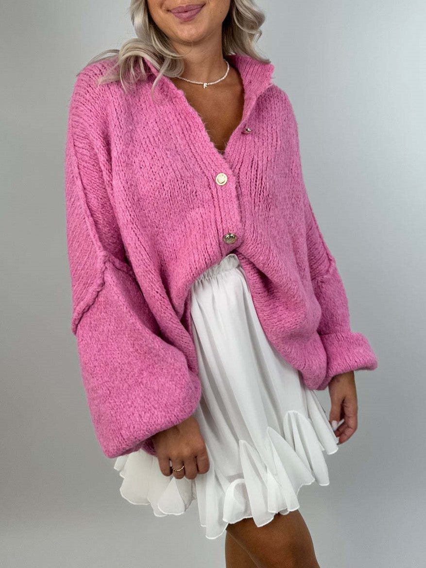 Oversized Chunky Knit Button Down Cardigan - Rosered