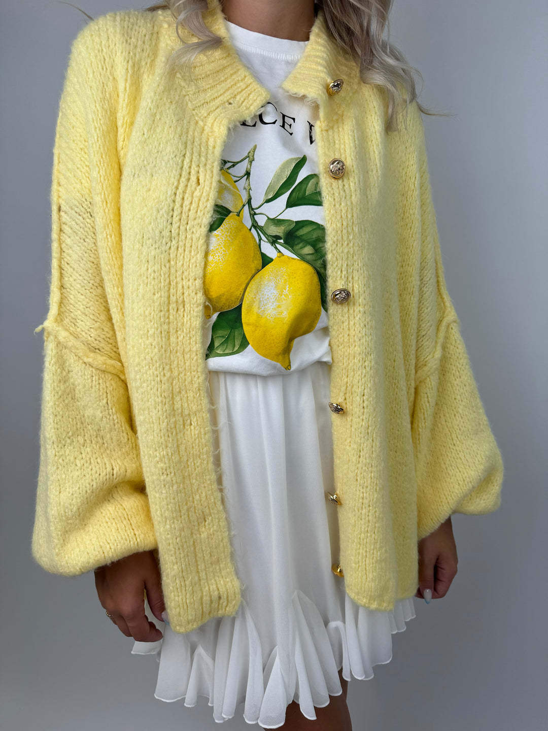 Oversized Chunky Knit Button Down Cardigan - Yellow