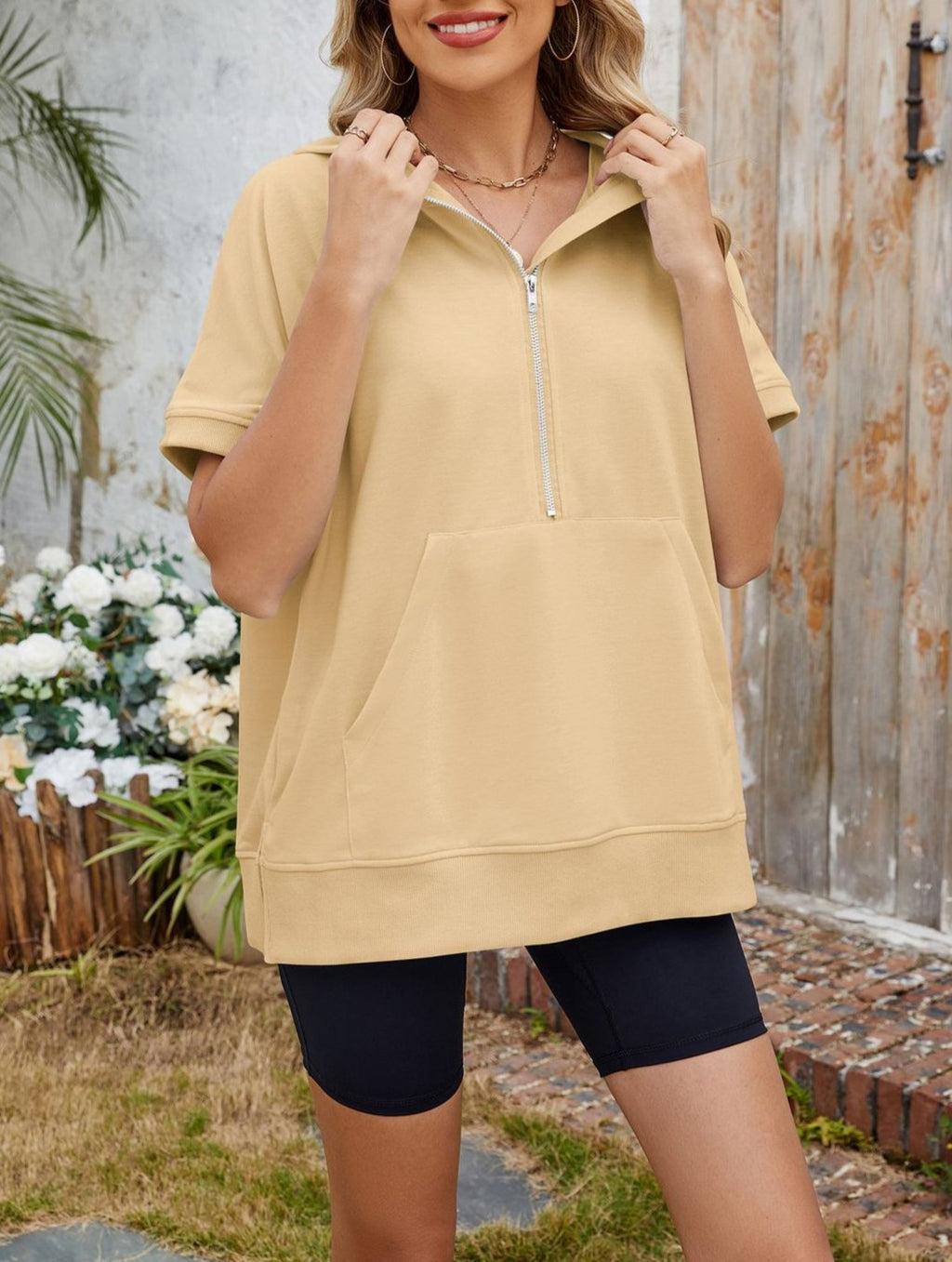 Hooded Half Zip Short Sleeve Top - Apricot