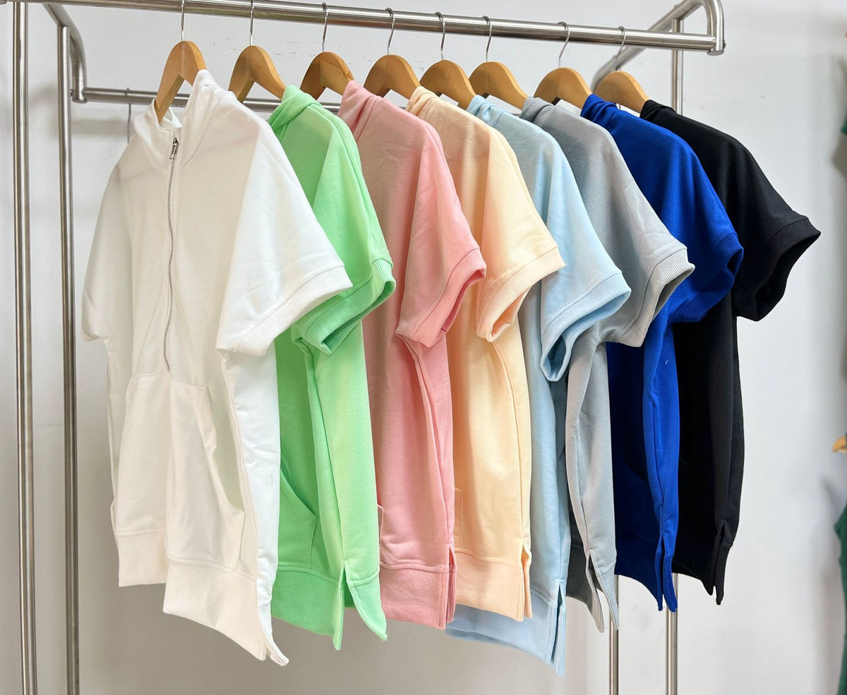 Hooded Half Zip Short Sleeve Top - Blue - 1