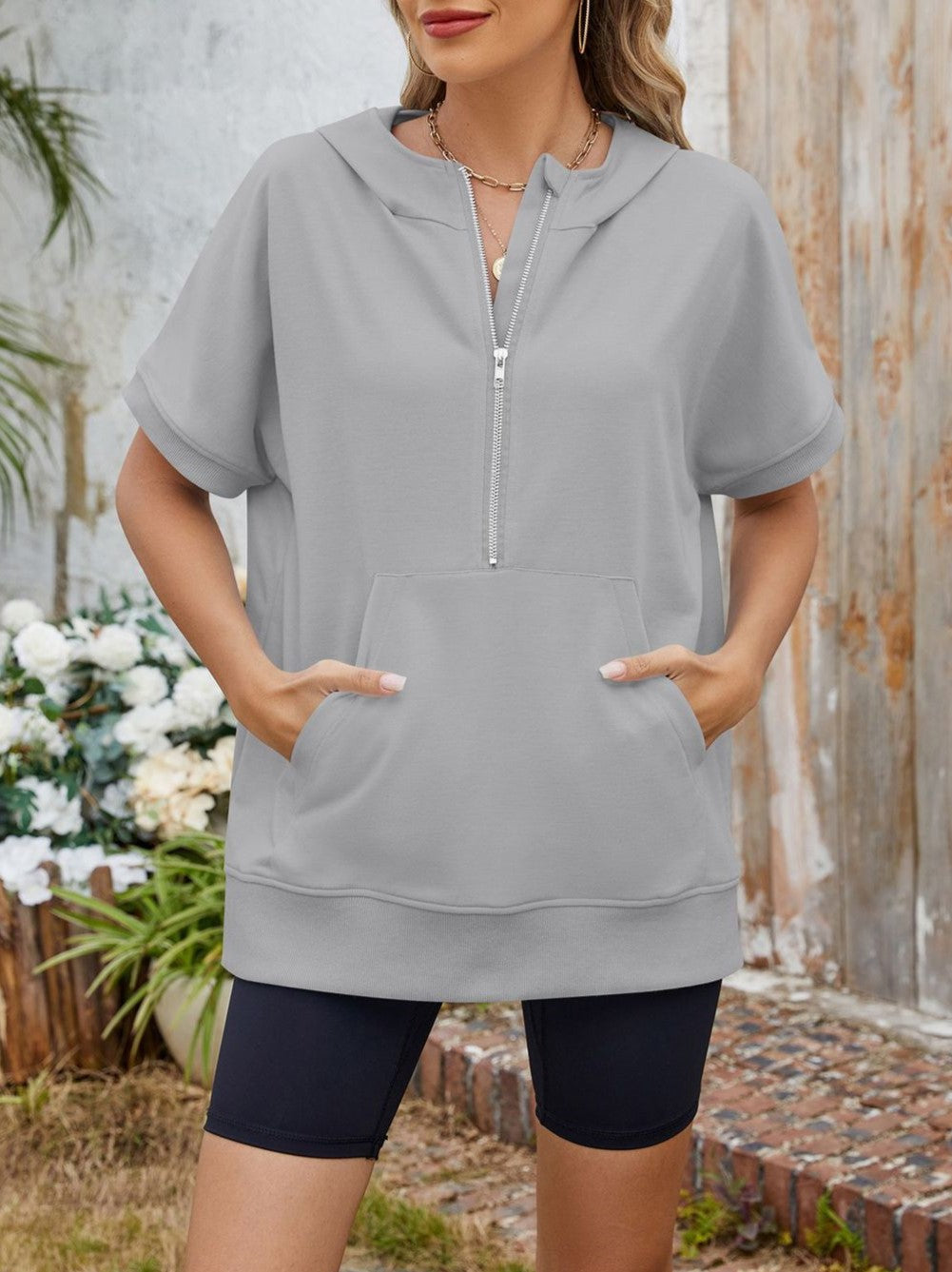 Hooded Half Zip Short Sleeve Top - Grey