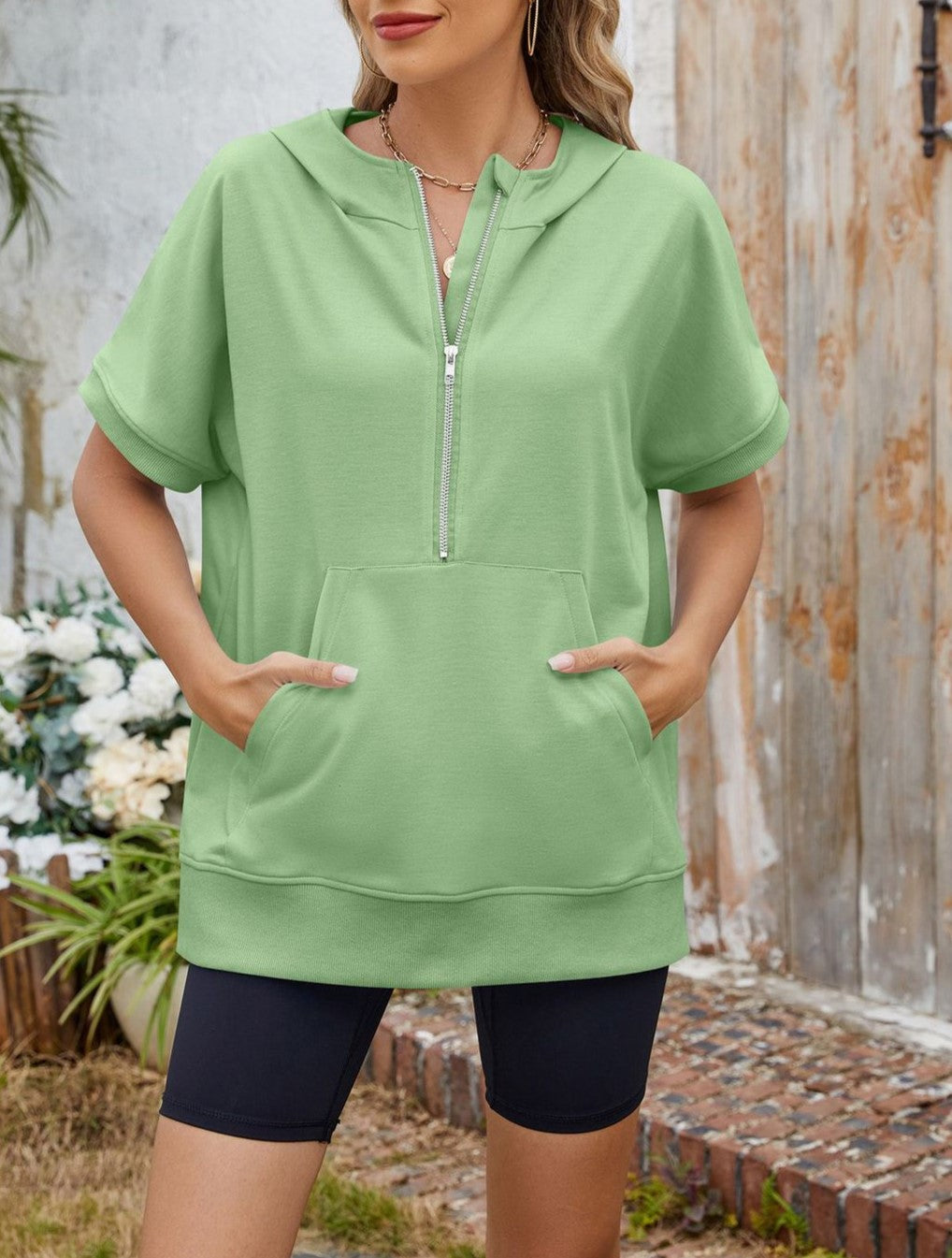 Hooded Half Zip Short Sleeve Top
