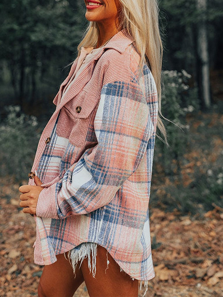 Plaid Patchwork Corduroy Oversized Shacket - Pink - 6