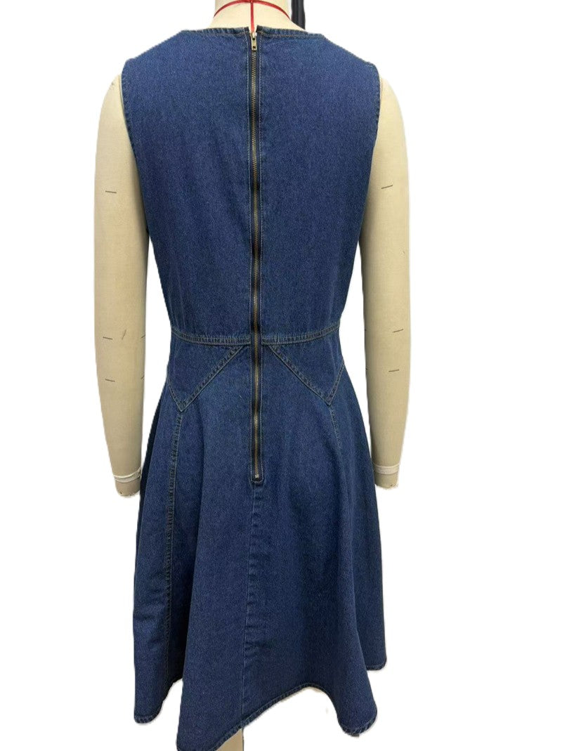 Sleeveless Denim Pinafore Mini Dress - Blue