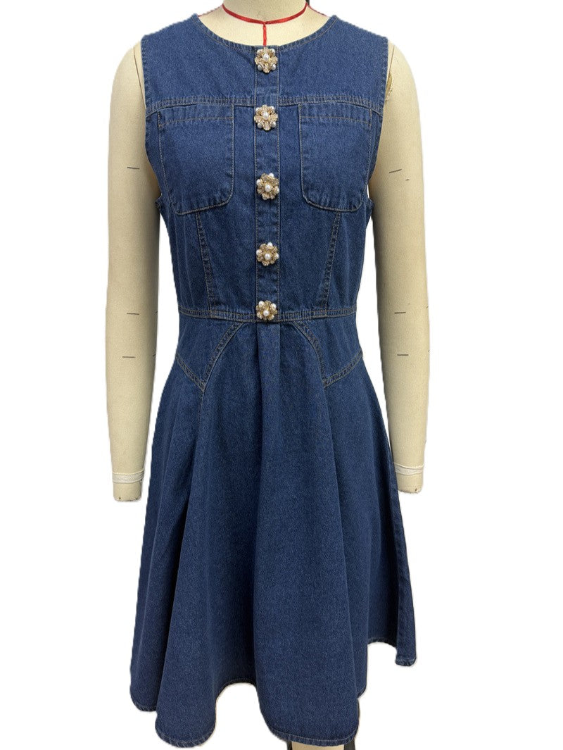 Sleeveless Denim Pinafore Mini Dress - Blue - 1