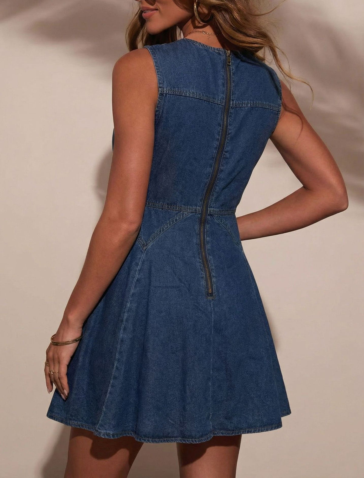 Sleeveless Denim Pinafore Mini Dress - Blue - 2