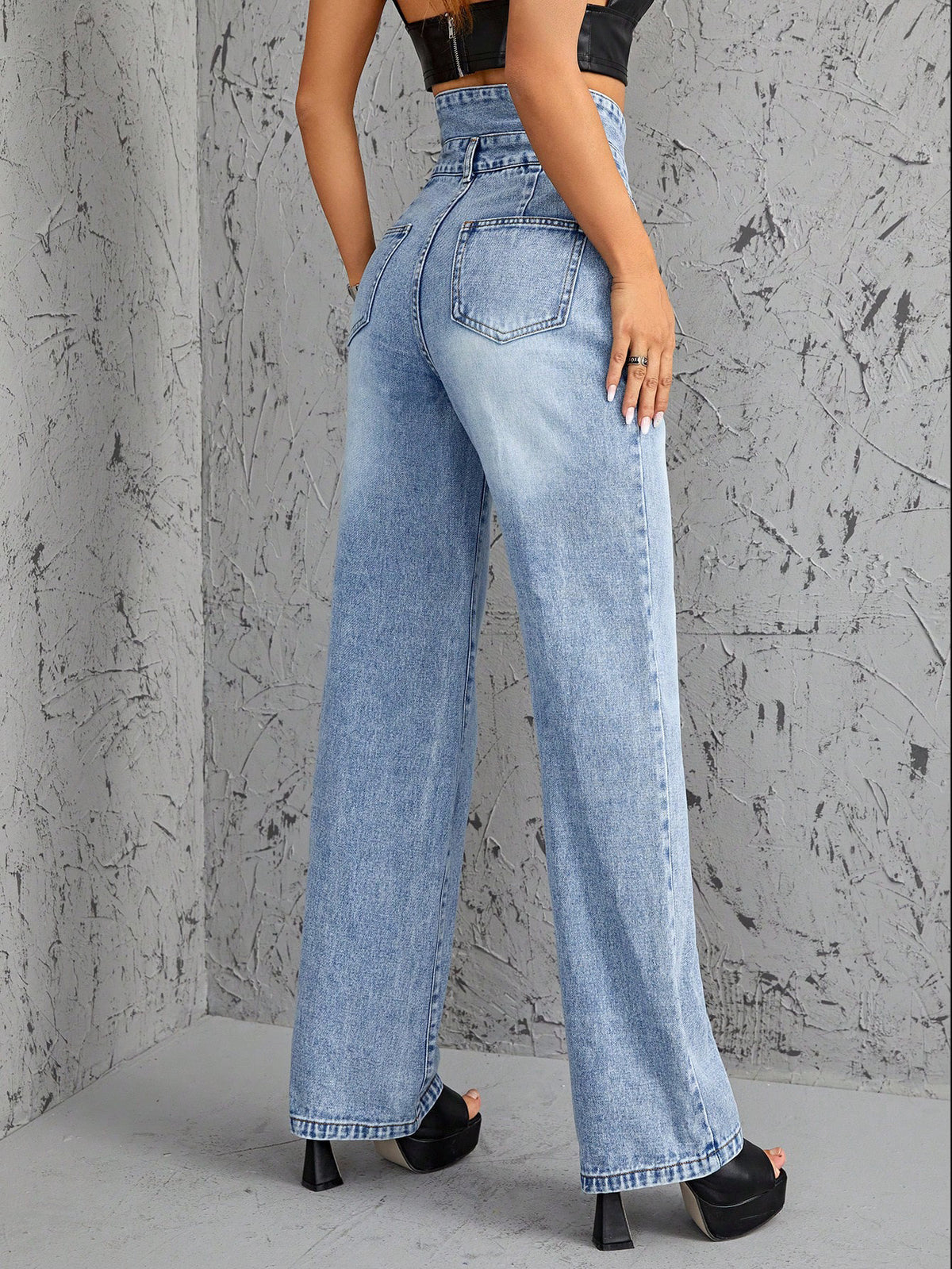 Paperbag Waist Loose Straight Leg Jeans - Blue - 1