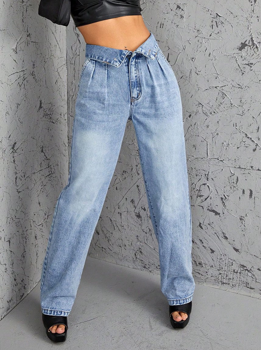 Paperbag Waist Loose Straight Leg Jeans - Blue - 3