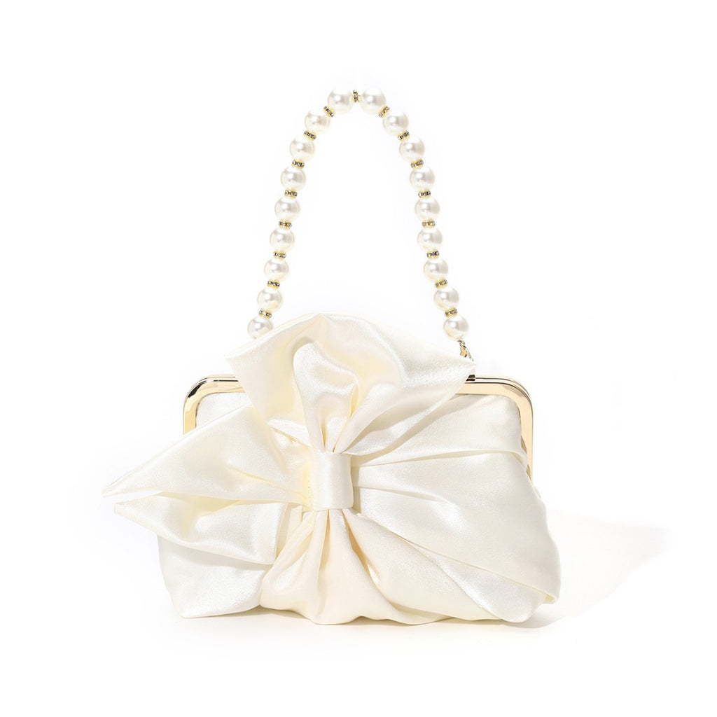 Satin Bow Pearl Handle Frame Bag - Beige
