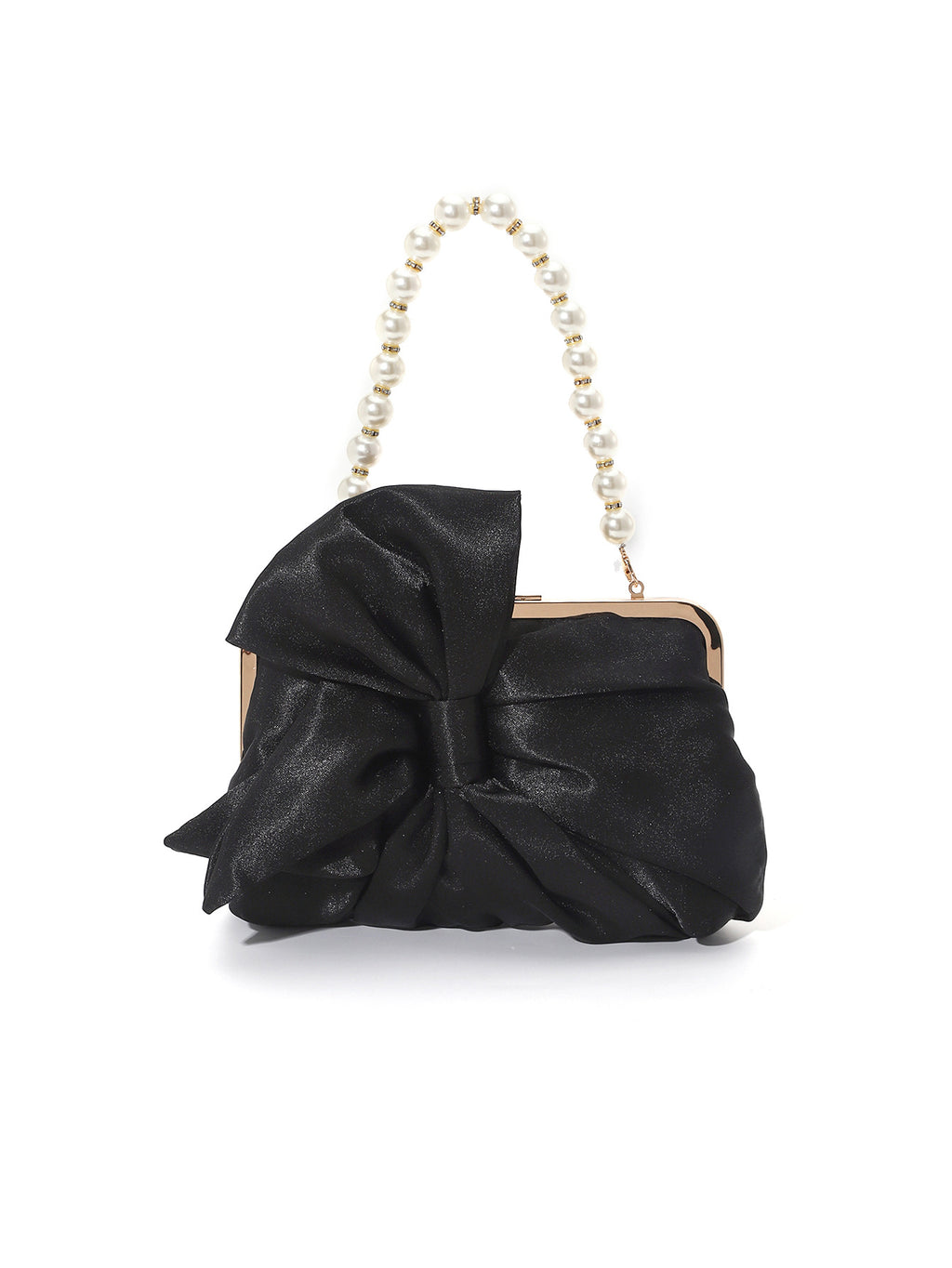 Satin Bow Pearl Handle Frame Bag - Black