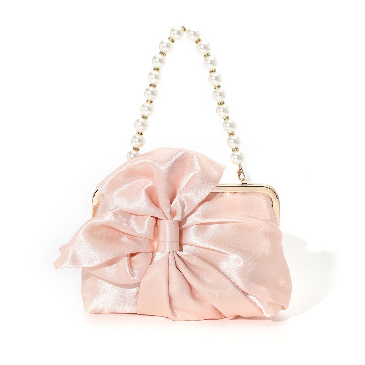 Satin Bow Pearl Handle Frame Bag - Champagne