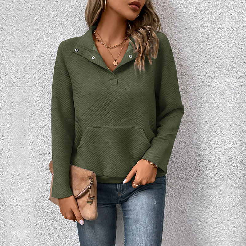 Snap Button Collar Textured Knit Pullover - Green
