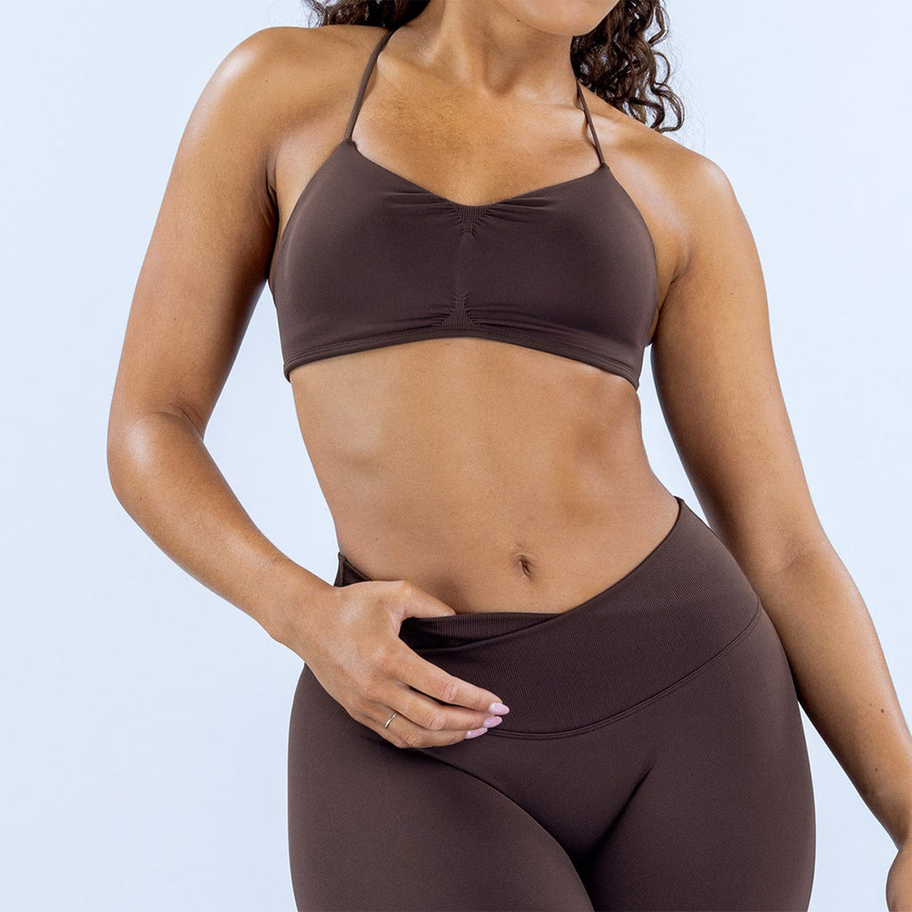 Matte Ruched V-Neck Cross Back Workout Sports Bra - Espresso