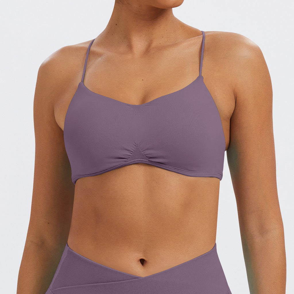 Matte Ruched V-Neck Cross Back Workout Sports Bra - Mauve