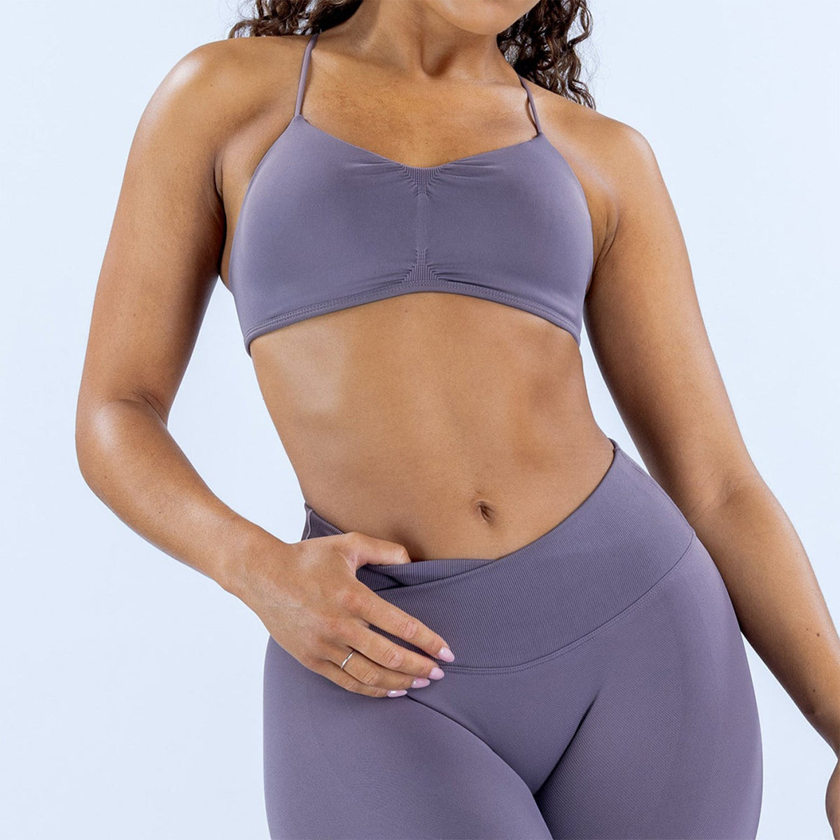Matte Ruched V-Neck Cross Back Workout Sports Bra - Mushroom Gray