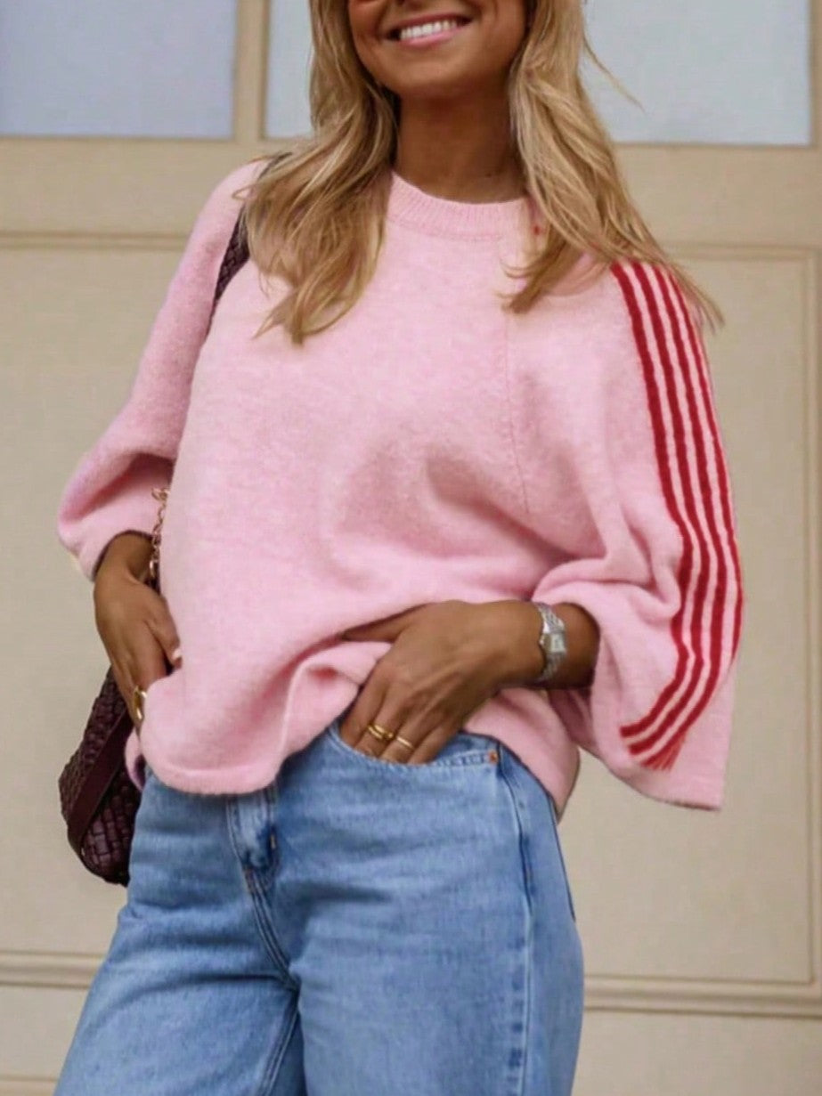 Pink Varsity Stripe Sleeve Relaxed Knit Sweater - Pink