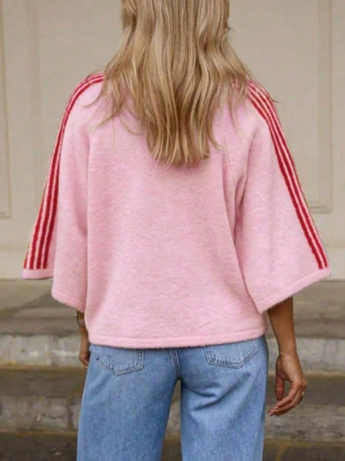 Pink Varsity Stripe Sleeve Relaxed Knit Sweater - Pink - 2