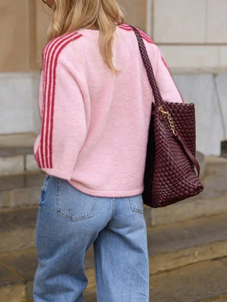 Pink Varsity Stripe Sleeve Relaxed Knit Sweater - Pink - 3