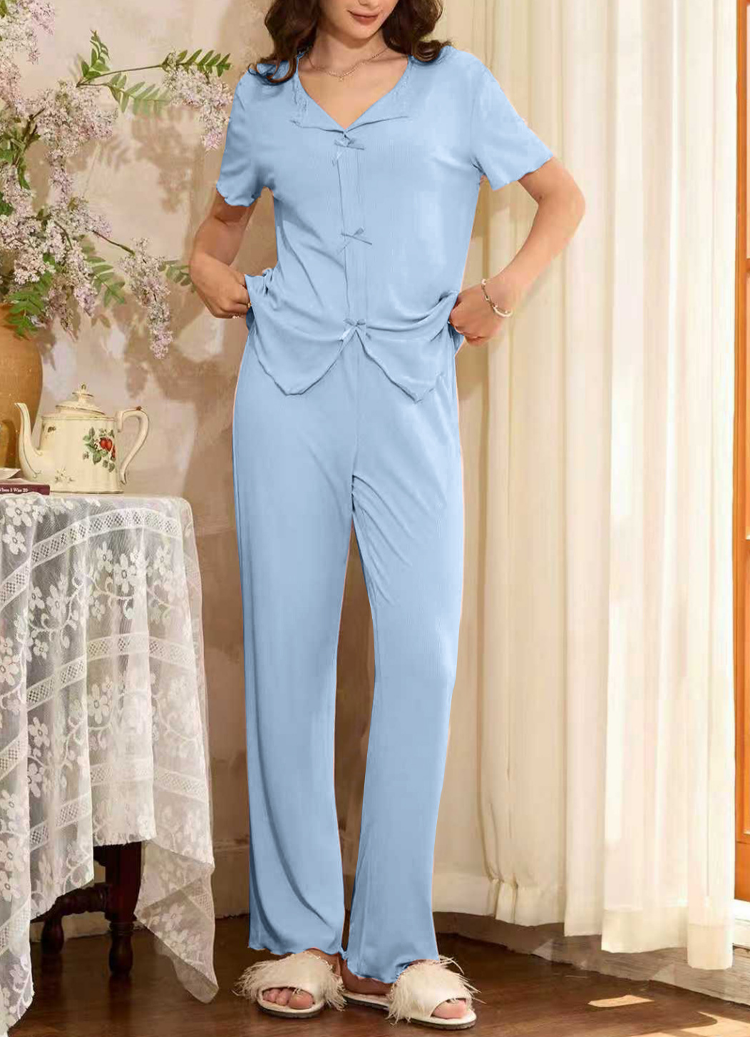Button Front Wide Leg Loungewear Set - Blue - 1