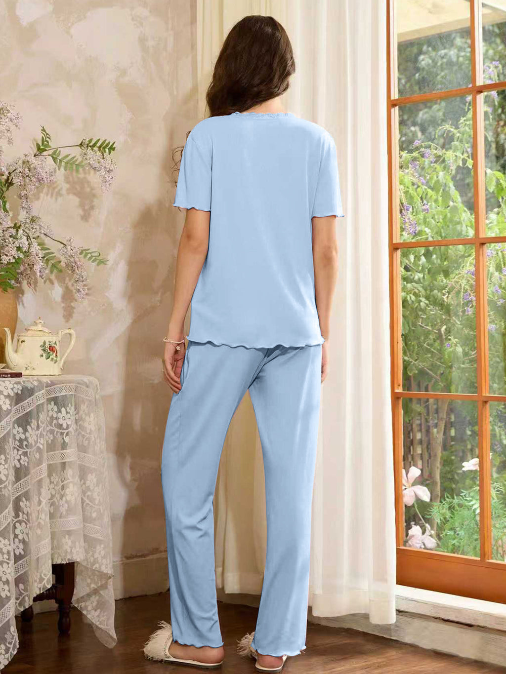 Button Front Wide Leg Loungewear Set - Blue - 2
