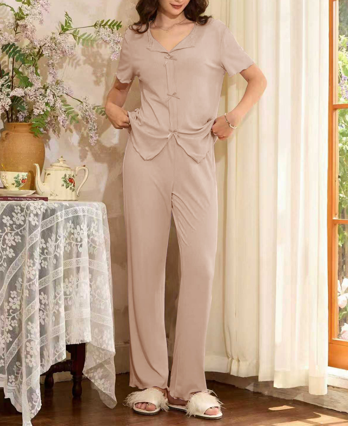 Button Front Wide Leg Loungewear Set - Khaki